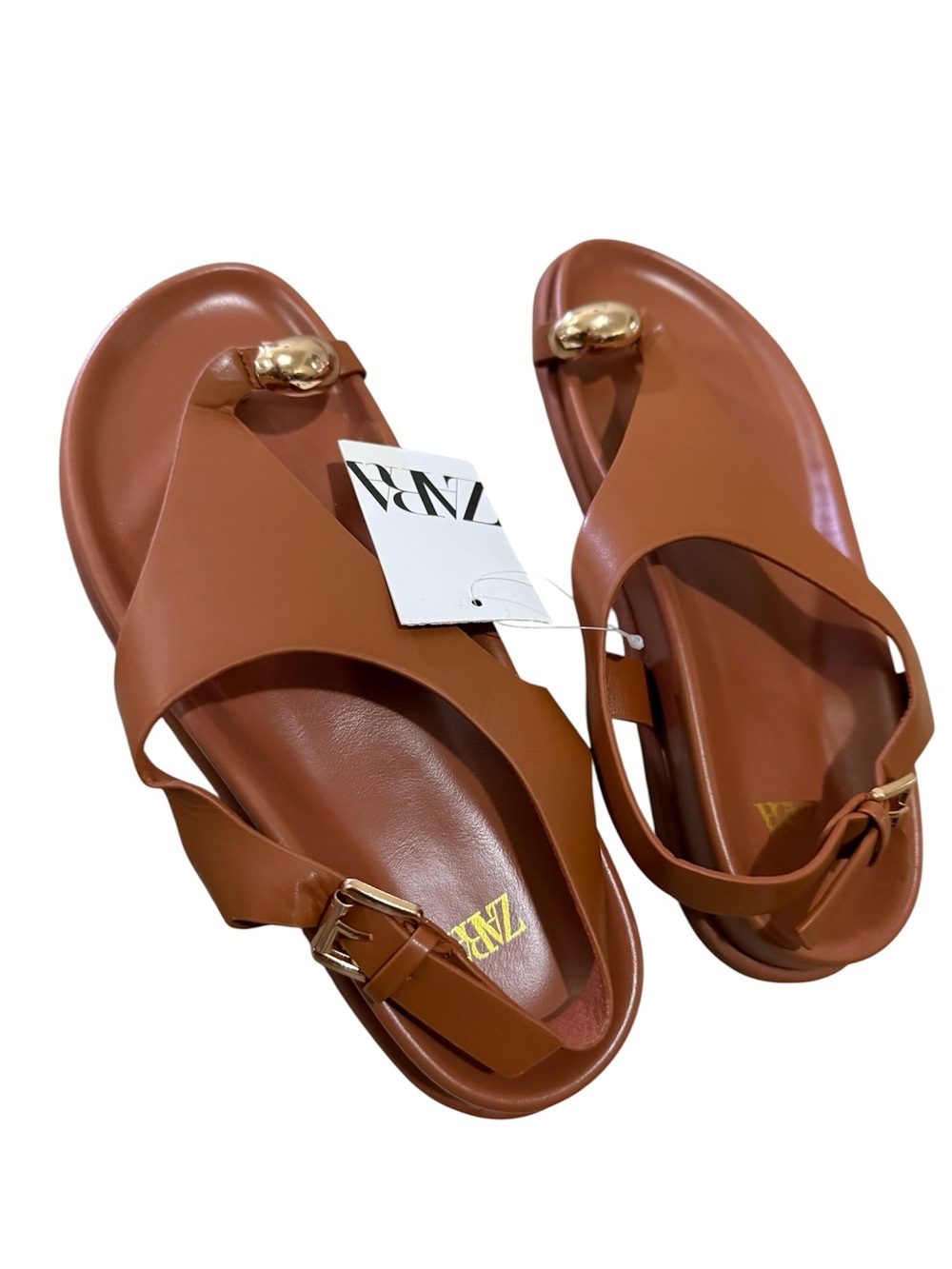 Zara Tan Brown Leather Toe-Ring Slingback Sandals with Gold Accent